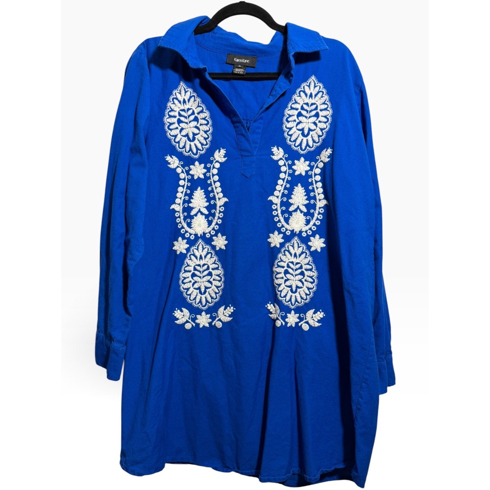 Karen Kane Royal Blue Embroidered Cotton Linen Tunic Top XL Boho Floral